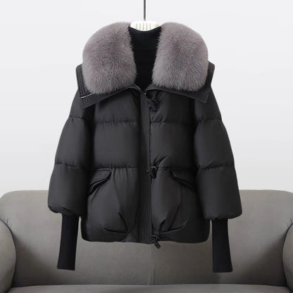 Women’s Puffer Jacket - Woven Fabric - Relaxed Fit - Hip Length - Faux Fur Collar