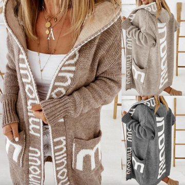 Women's hooded cardigan with knitted text