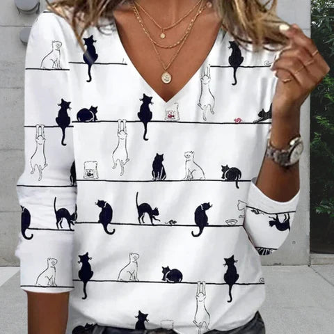 Cat Print V-Neck Long Sleeve Sweater