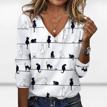 Women's v-neck long sleeve cat print sweater