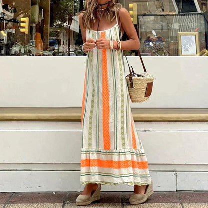 Women's Maxi Dress - Flowy Lightweight Fabric - Scoop Neck - Striped Boho Casual Wear