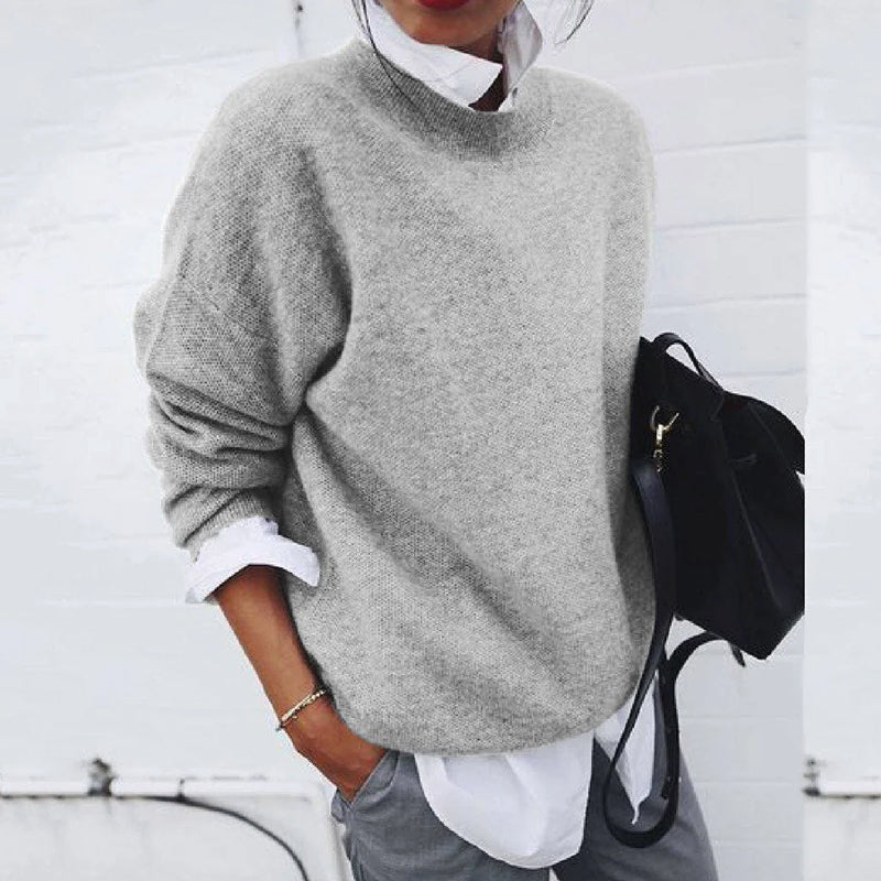 Women's solid color knitted sweater long sleeve round neck