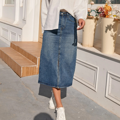 Jacklyn - High Waist Vintage Split-Fork Blue Long Denim Skirt
