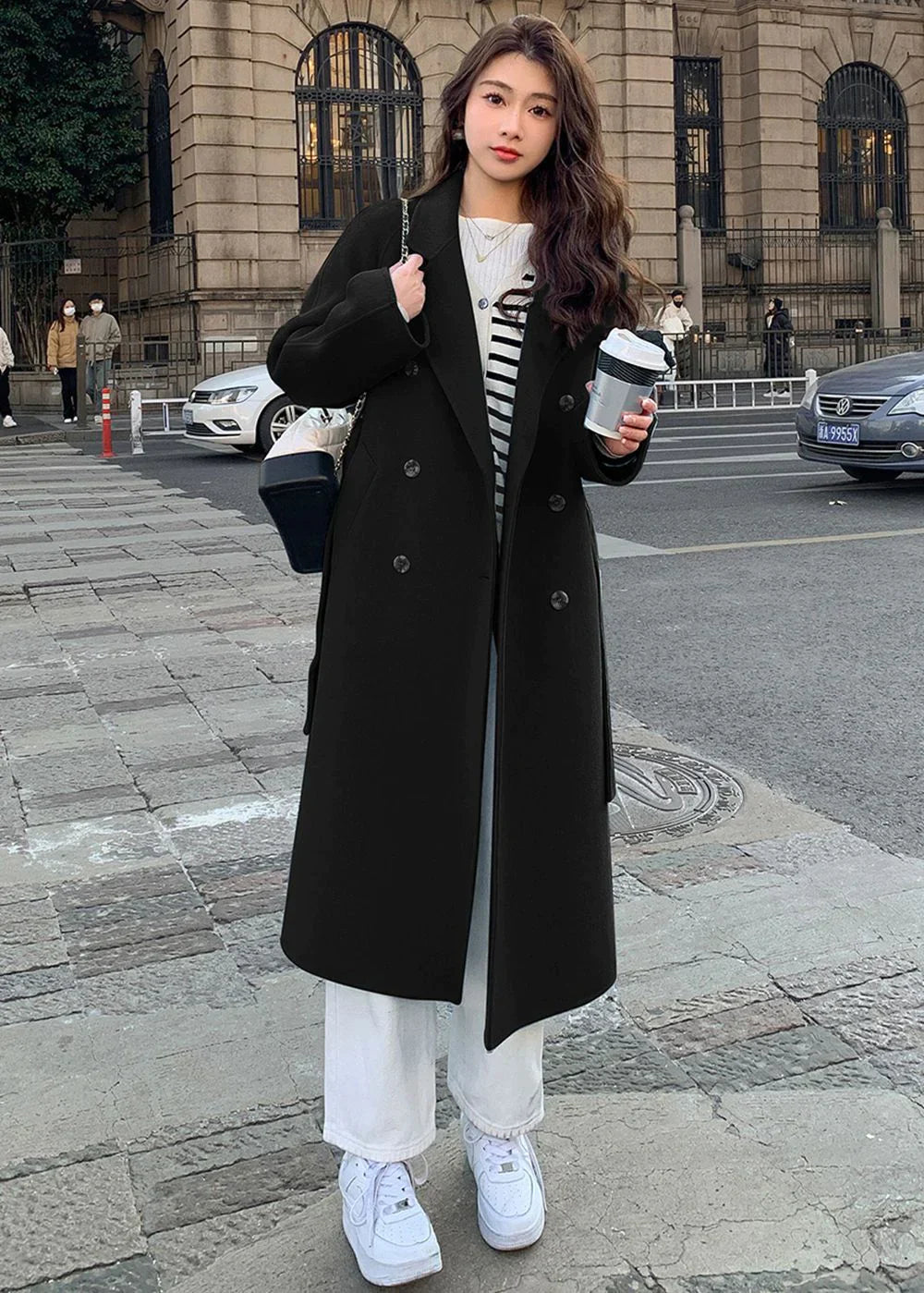 Double-breasted long coat for women