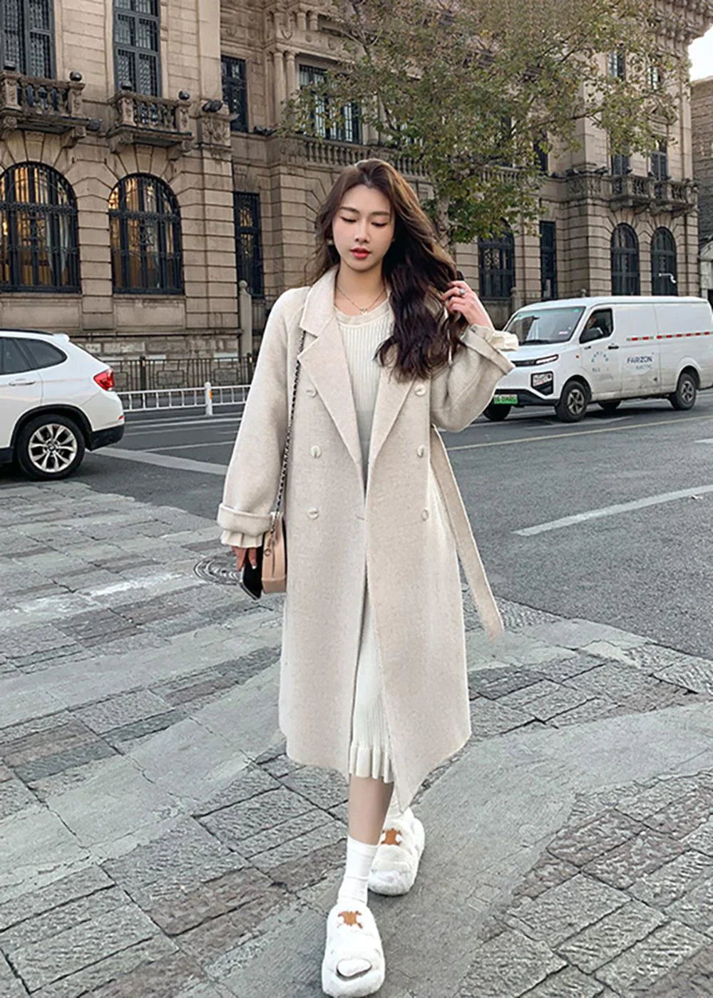 Double-breasted long coat for women