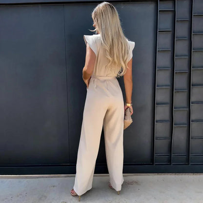 Women's Jumpsuit - Ruffled Short Sleeves - Tie-Waist - Wide-Leg Elegant Fit