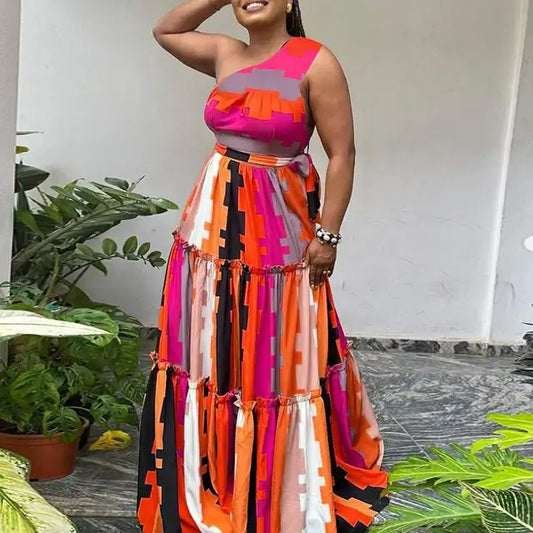 Geometric Print One-Shoulder Maxi Dress