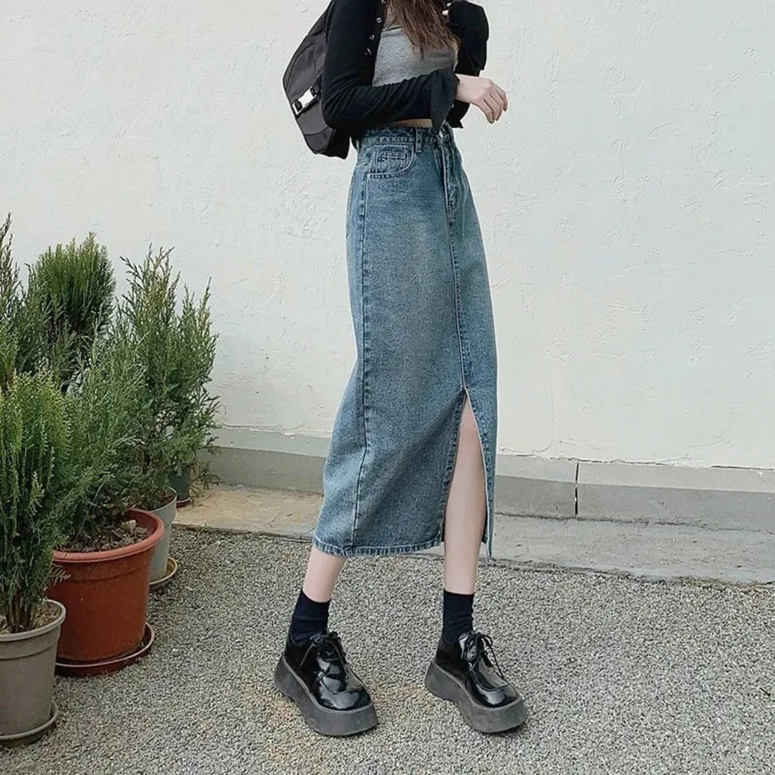 Janae - Front slit high-waist blue long denim skirt