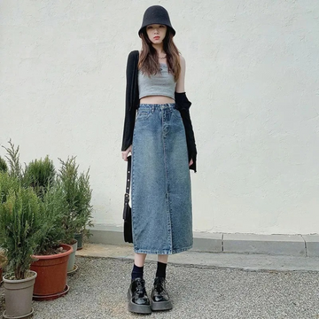 Janae - Front slit high-waist blue long denim skirt