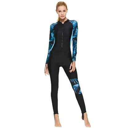 Women’s Full-Length Swimsuit – UPF 50+ – Long Sleeve – Front Zip – Printed Design