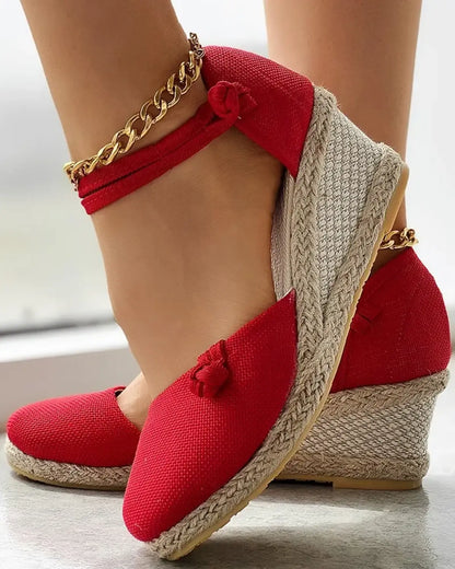 Women's Wedge Espadrilles - Closed Toe - Braided Jute Sole - Ankle Strap