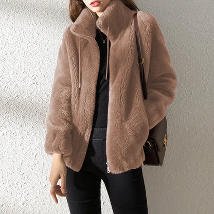 Women's turtleneck zip-up fleece drawstring jacket