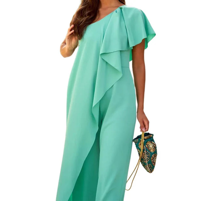 Women's One-Shoulder Jumpsuit - Draped Ruffle Detail - Wide-Leg Elegant Fit