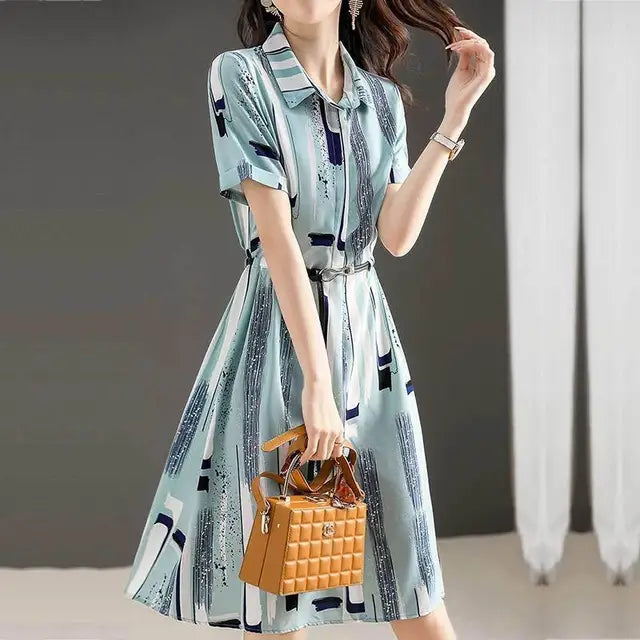 Women's Summer A-Line Printed Dress with Short Sleeves
