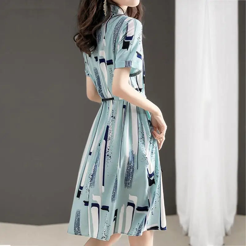 Women's Summer A-Line Printed Dress with Short Sleeves