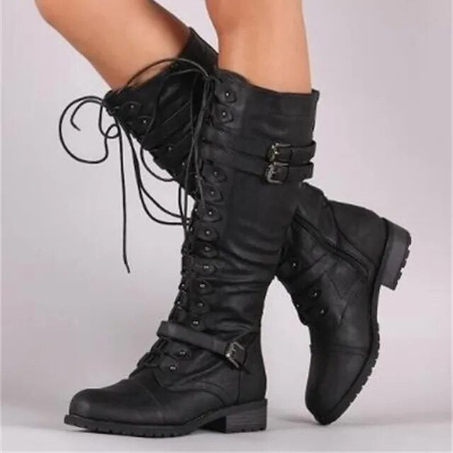 Women's retro buckle boots with lace