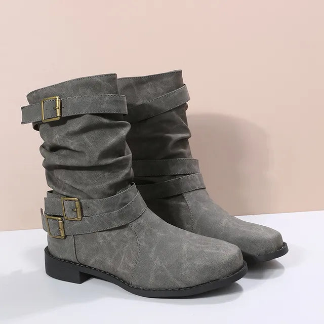 Mid-calf slouch boots with buckle straps for women