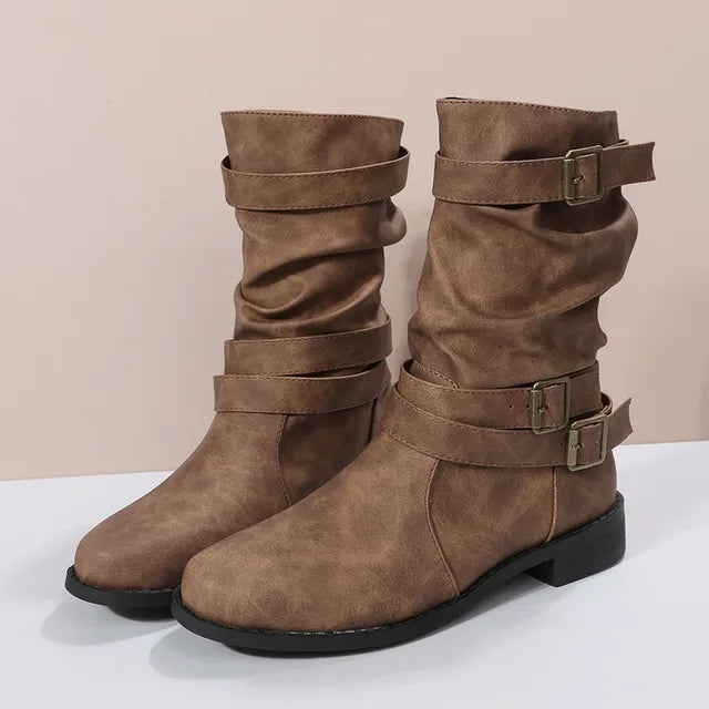 Mid-calf slouch boots with buckle straps for women