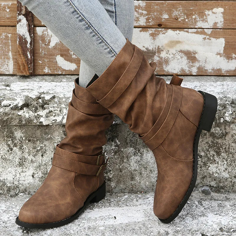 Mid-calf slouch boots with buckle straps for women
