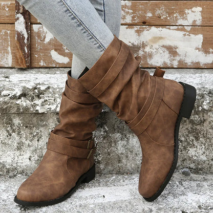 Mid-calf slouch boots with buckle straps for women