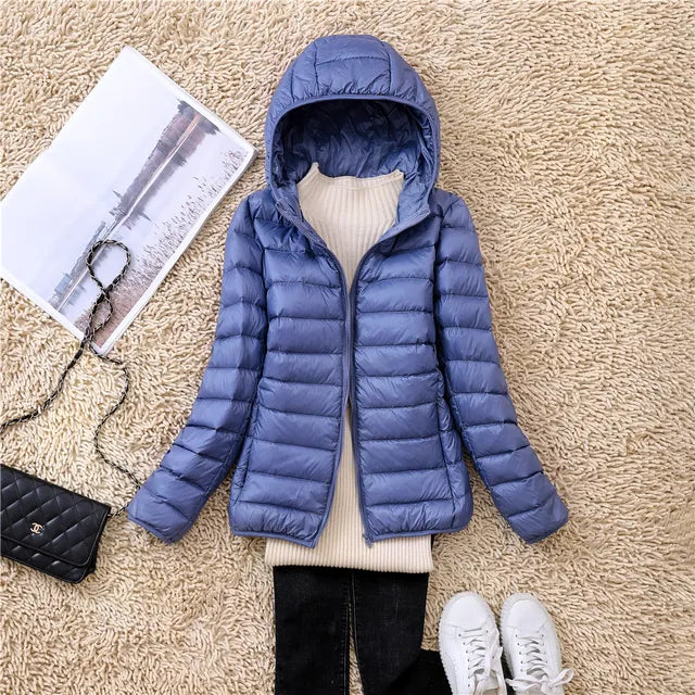Women's Puffer Jacket - Lightweight Quilted - Hooded Water-Resistant Zip-Up