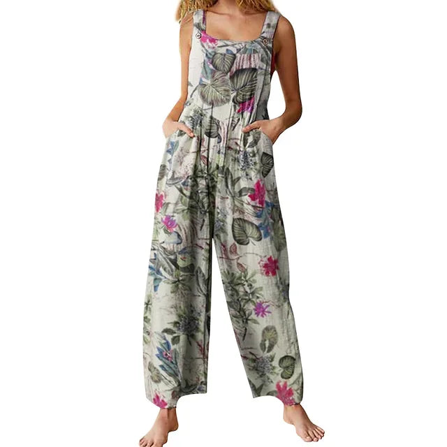 Women's Jumpsuit - Sleeveless Wide-Leg - Floral Print - Relaxed Fit with Pockets