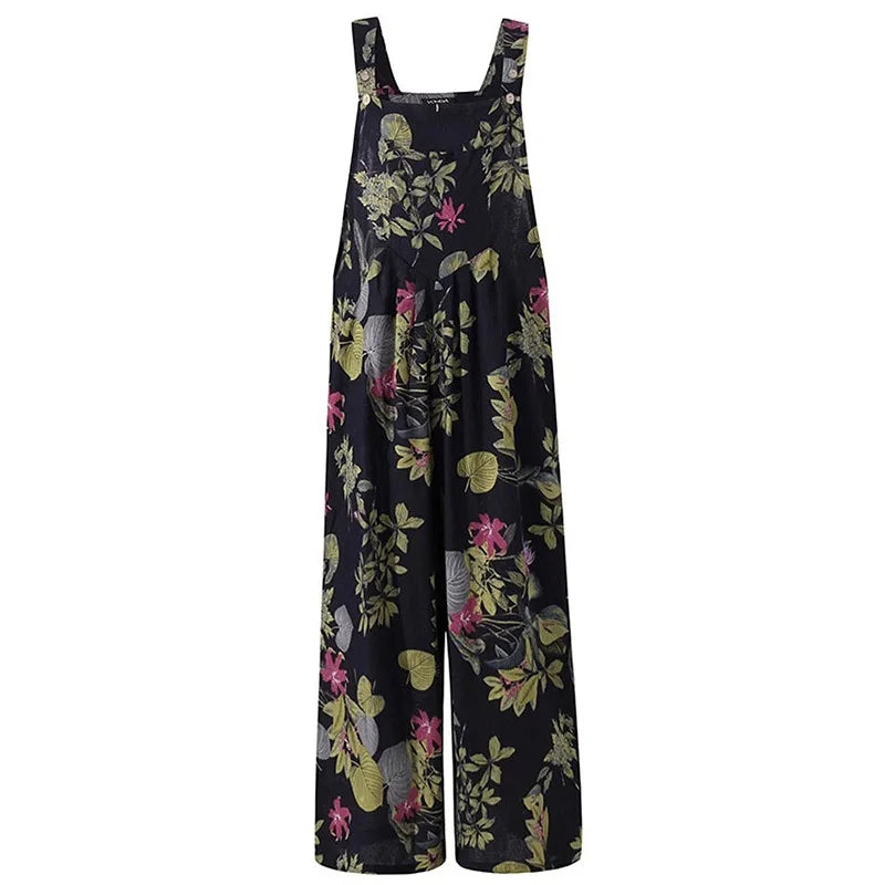 Women's Jumpsuit - Sleeveless Wide-Leg - Floral Print - Relaxed Fit with Pockets