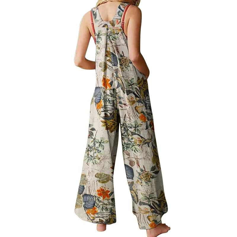 Women's Jumpsuit - Sleeveless Wide-Leg - Floral Print - Relaxed Fit with Pockets