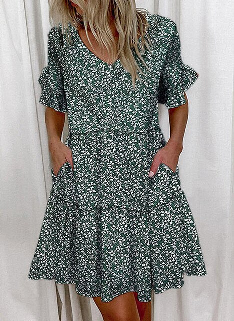 Women's Casual Dress - V-Neck - Short Ruffle Sleeve - Tiered Loose Fit - With Pockets