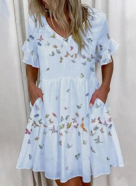 Women's Casual Dress - V-Neck - Short Ruffle Sleeve - Tiered Loose Fit - With Pockets