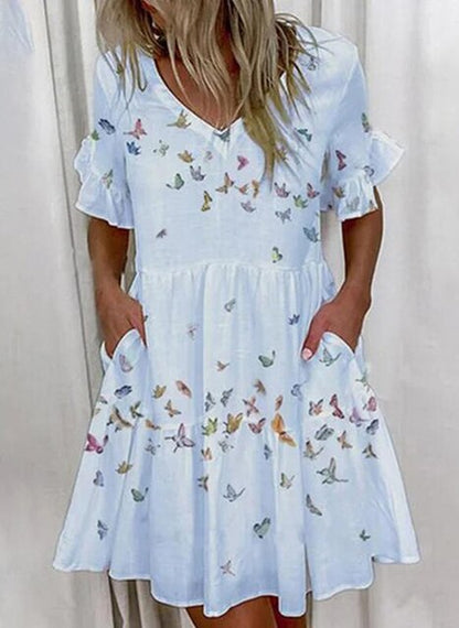 Women's Casual Dress - V-Neck - Short Ruffle Sleeve - Tiered Loose Fit - With Pockets