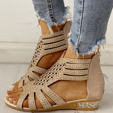 Ada - hollow-out rhinestone thick-soled high-top back zipper wedge heel sandals