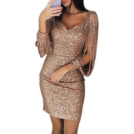 Women's Cocktail Dress - Sequin V-Neck - Long Split Sleeves - Bodycon Mini Party Wear