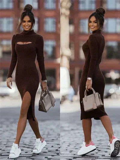 Ribbed Knit Cutout Detail Midi Dress