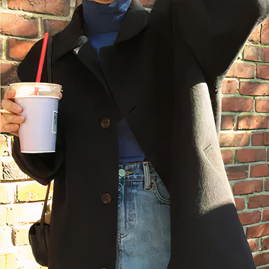 Women's Oversized Coat - Relaxed Fit - Mid-Thigh Length - Button-Up Classic Style