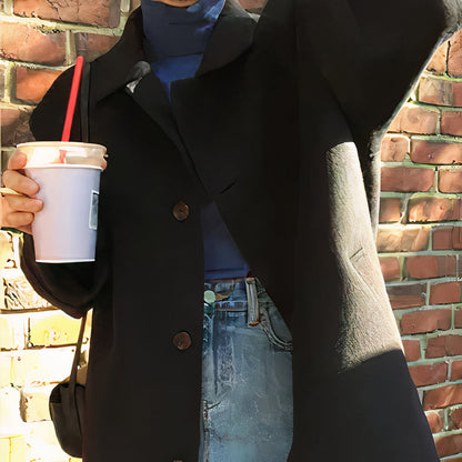Women's Oversized Coat - Relaxed Fit - Mid-Thigh Length - Button-Up Classic Style