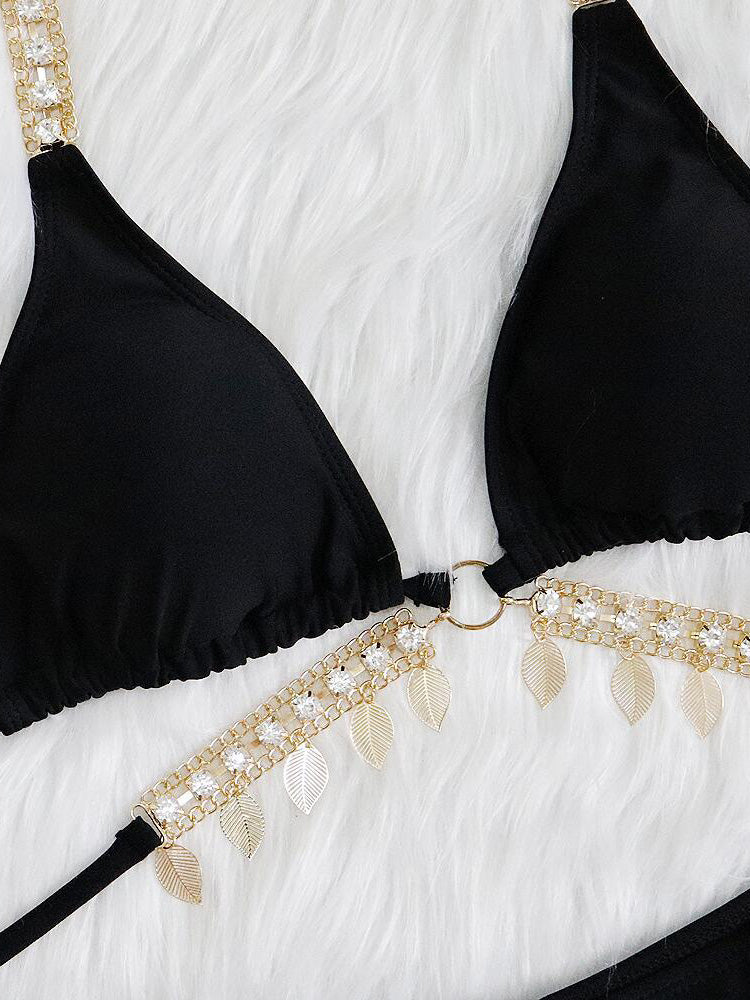 Women's Bikini Set - Triangle Top - Chain Strap Detail - Low-Rise Tie Bottoms