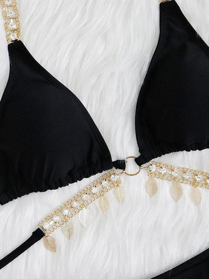 Women's Bikini Set - Triangle Top - Chain Strap Detail - Low-Rise Tie Bottoms
