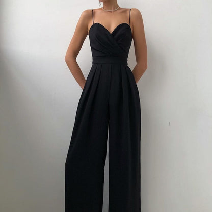 Women's Strappy Jumpsuit- Sweetheart Neckline - Wide-Leg Pants