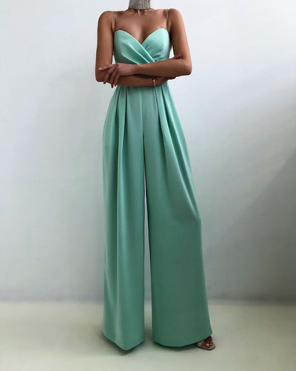 Women's Strappy Jumpsuit- Sweetheart Neckline - Wide-Leg Pants