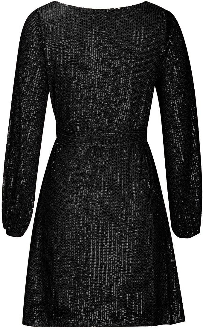 Women's Sequined Dress - Asymmetrical Hem - Three-Quarter Sleeve - Loose Fit Party Wear