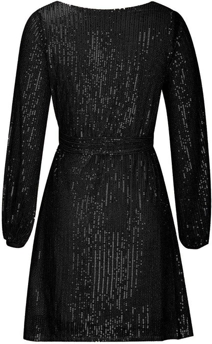 Women's Sequined Dress - Asymmetrical Hem - Three-Quarter Sleeve - Loose Fit Party Wear