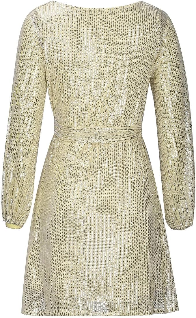 Women's Sequined Dress - Asymmetrical Hem - Three-Quarter Sleeve - Loose Fit Party Wear
