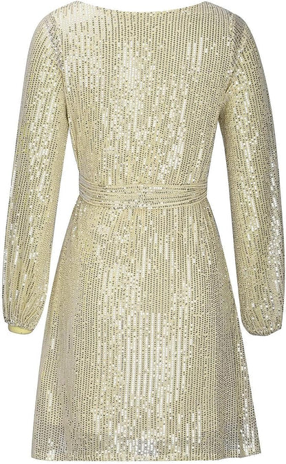 Women's Sequined Dress - Asymmetrical Hem - Three-Quarter Sleeve - Loose Fit Party Wear