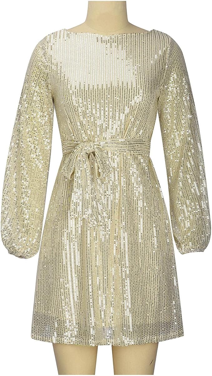 Women's Sequined Dress - Asymmetrical Hem - Three-Quarter Sleeve - Loose Fit Party Wear