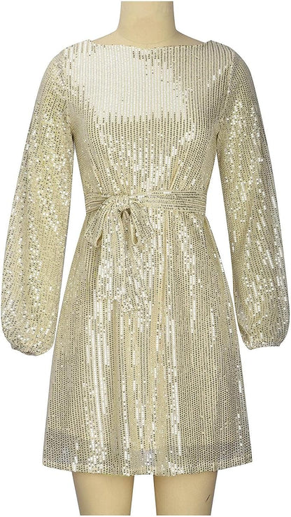 Women's Sequined Dress - Asymmetrical Hem - Three-Quarter Sleeve - Loose Fit Party Wear