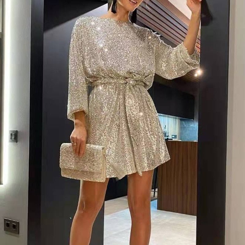 Sequined Asymmetrical Hem Loose Fit Dress