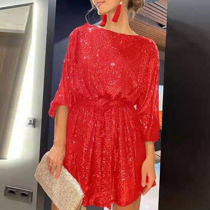 Women's Sequined Dress - Asymmetrical Hem - Three-Quarter Sleeve - Loose Fit Party Wear