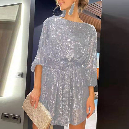 Women's Sequined Dress - Asymmetrical Hem - Three-Quarter Sleeve - Loose Fit Party Wear