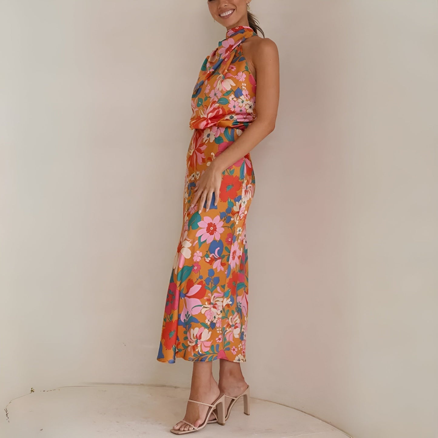 Women's Halter Midi Dress - Draped Asymmetrical Design - Elegant Floral Print